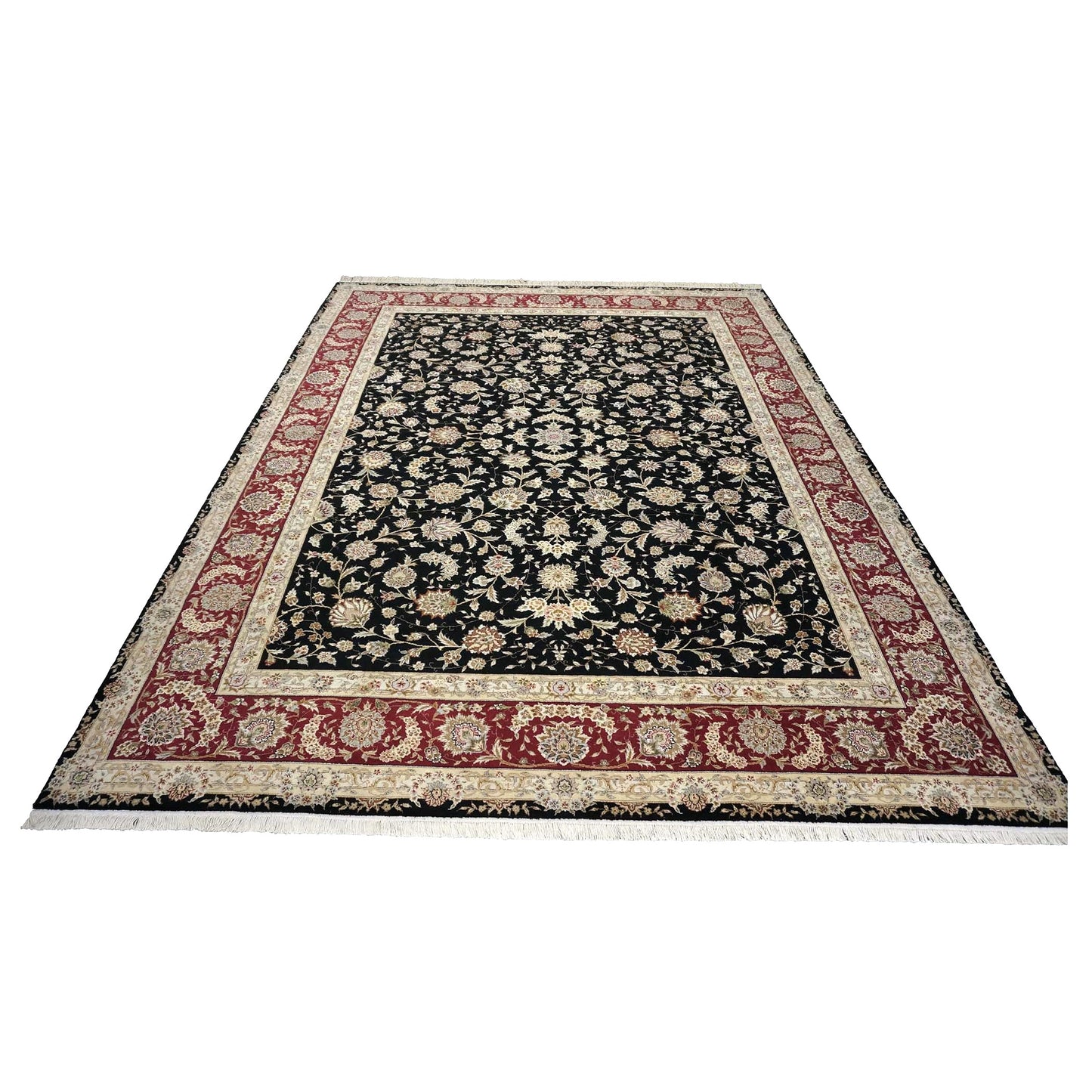 Sino-Persian Tabriz Wool & Silk 9x12 Black & Red Handmade Area Rug #1144230