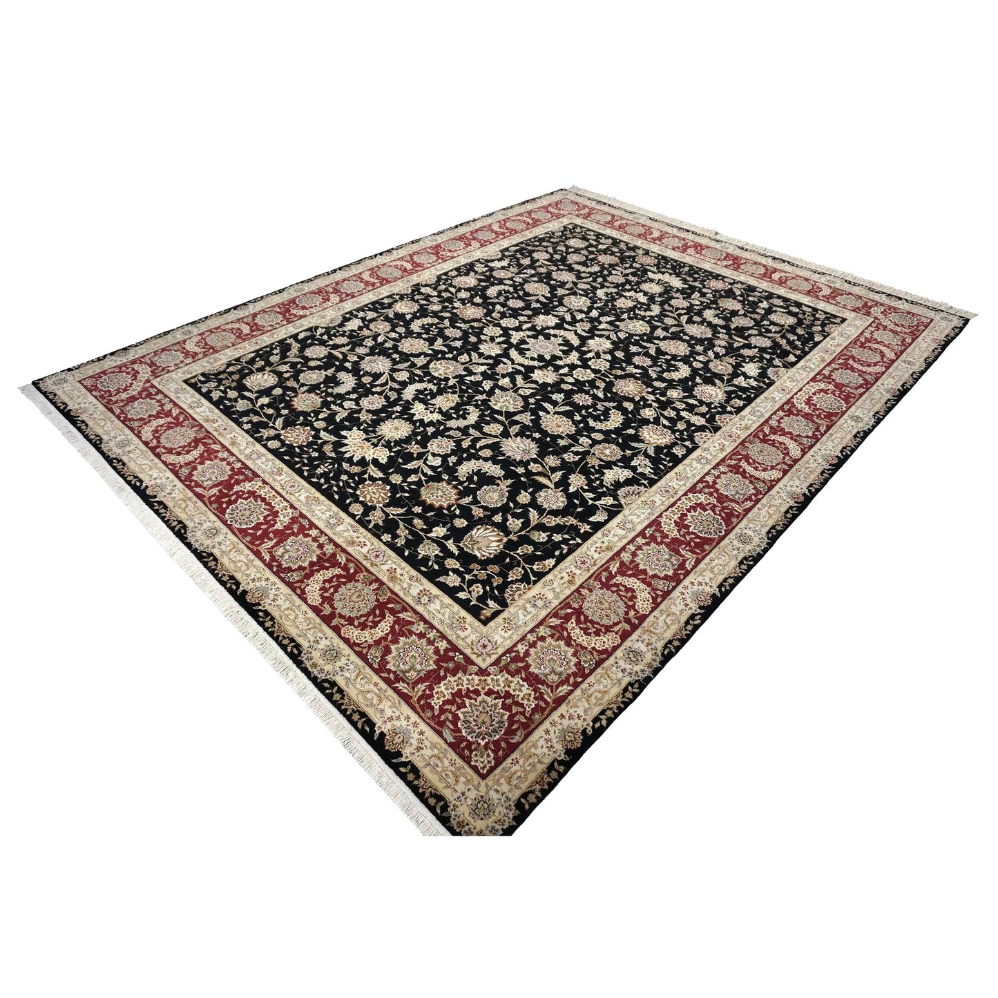 Sino-Persian Tabriz Wool & Silk 9x12 Black & Red Handmade Area Rug #1144230