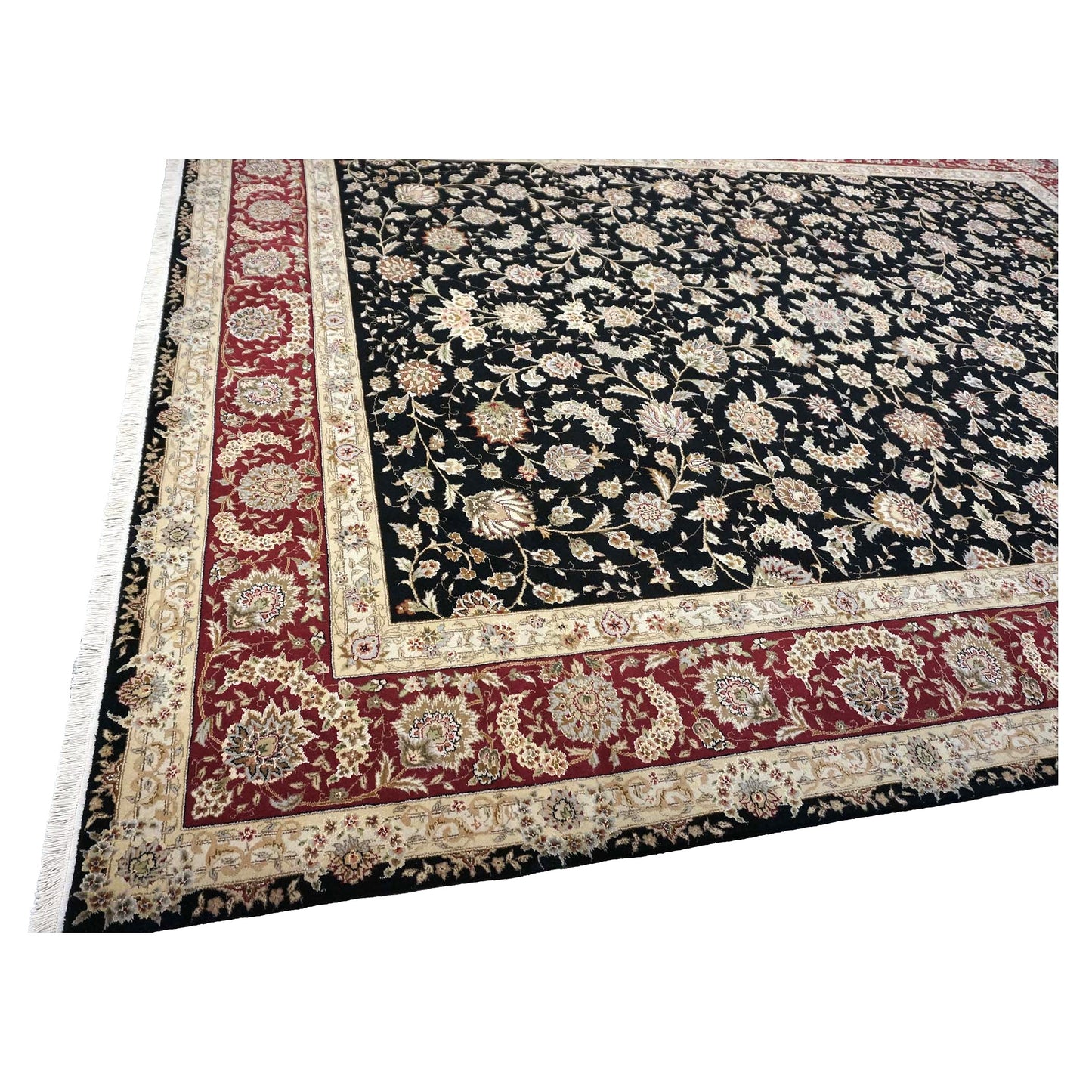 Sino-Persian Tabriz Wool & Silk 9x12 Black & Red Handmade Area Rug #1144230