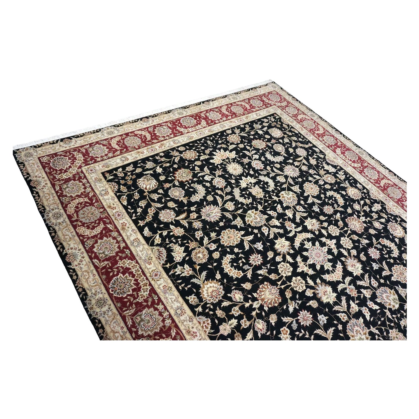 Sino-Persian Tabriz Wool & Silk 9x12 Black & Red Handmade Area Rug #1144230
