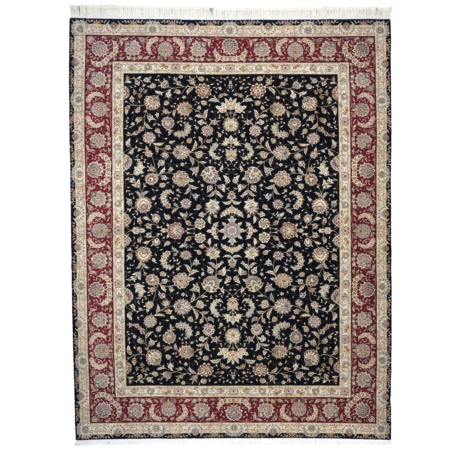 Sino-Persian Tabriz Wool & Silk 9x12 Black & Red Handmade Area Rug #1144230