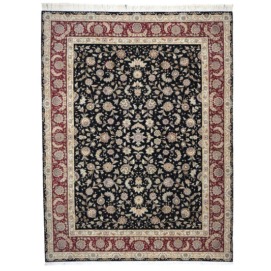 Sino-Persian Tabriz Wool & Silk 9x12 Black & Red Handmade Area Rug #1144230