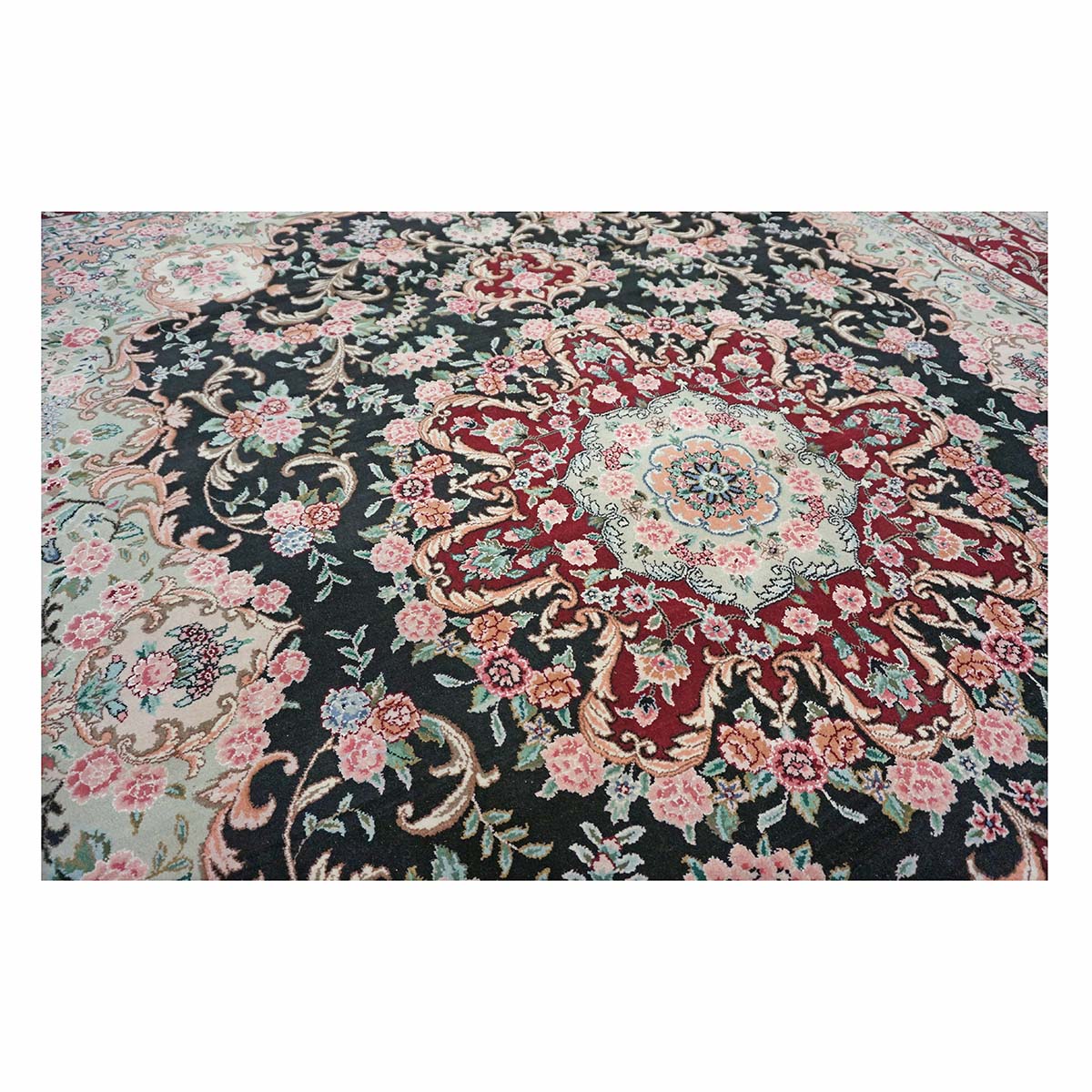 Sino-Persian Tabriz Wool & Silk 8x10 Red, Ivory & Black Handmade Area Rug #1144233