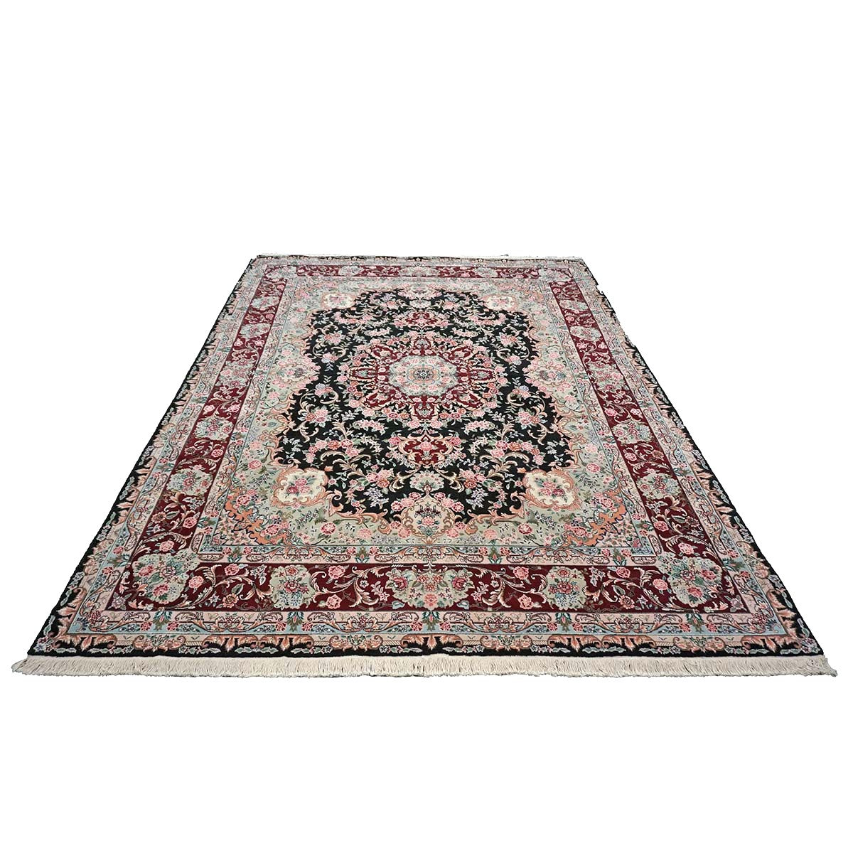 Sino-Persian Tabriz Wool & Silk 8x10 Red, Ivory & Black Handmade Area Rug #1144233