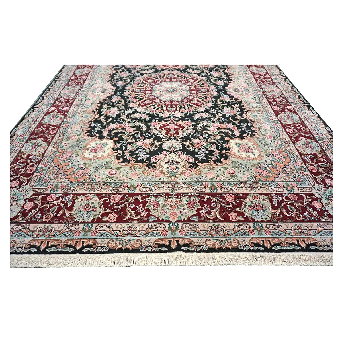 Sino-Persian Tabriz Wool & Silk 8x10 Red, Ivory & Black Handmade Area Rug #1144233
