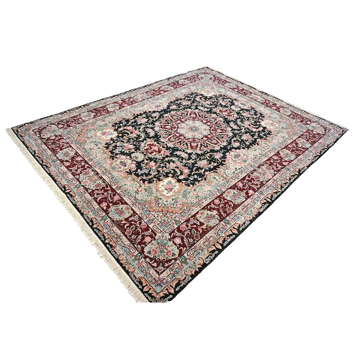 Sino-Persian Tabriz Wool & Silk 8x10 Red, Ivory & Black Handmade Area Rug #1144233