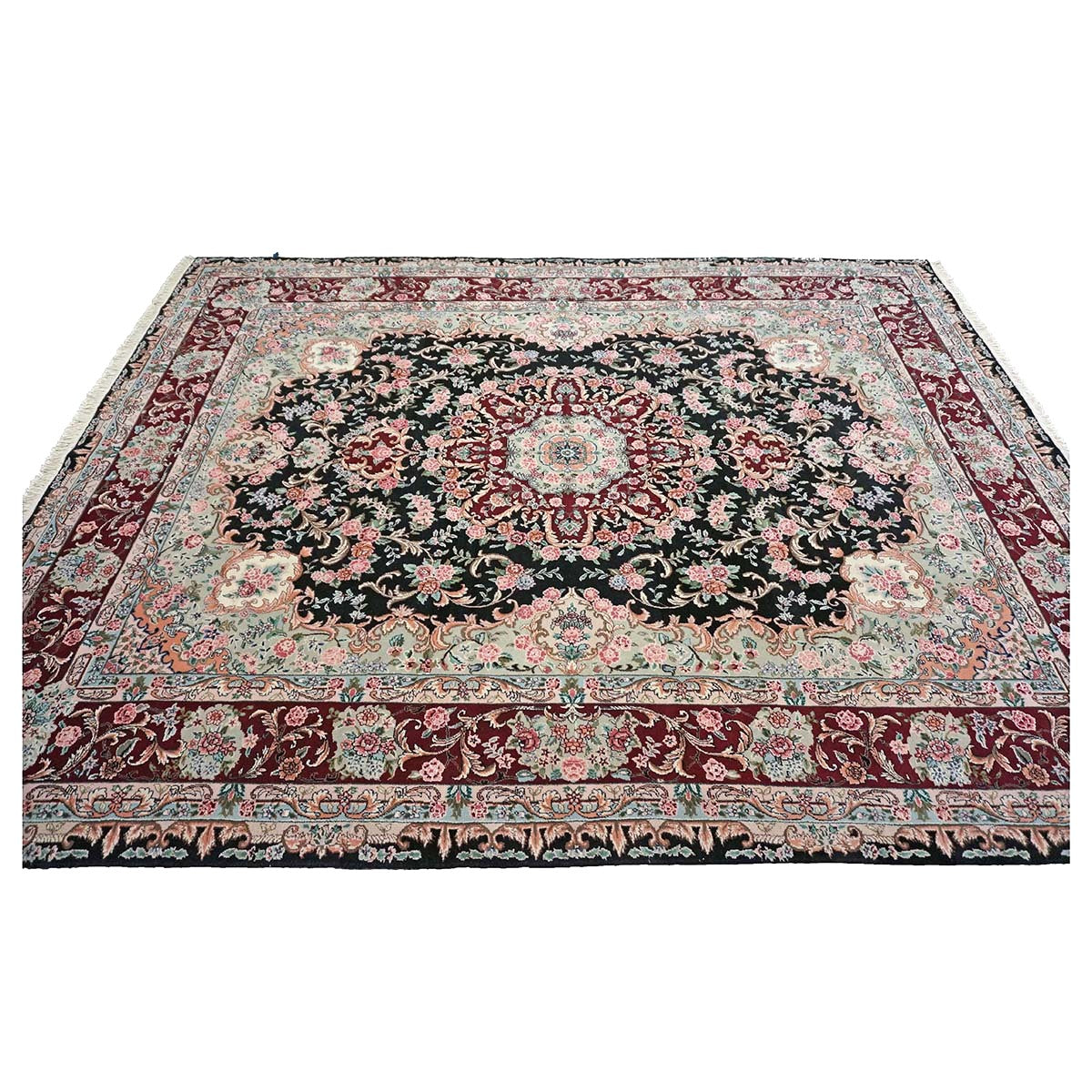 Sino-Persian Tabriz Wool & Silk 8x10 Red, Ivory & Black Handmade Area Rug #1144233