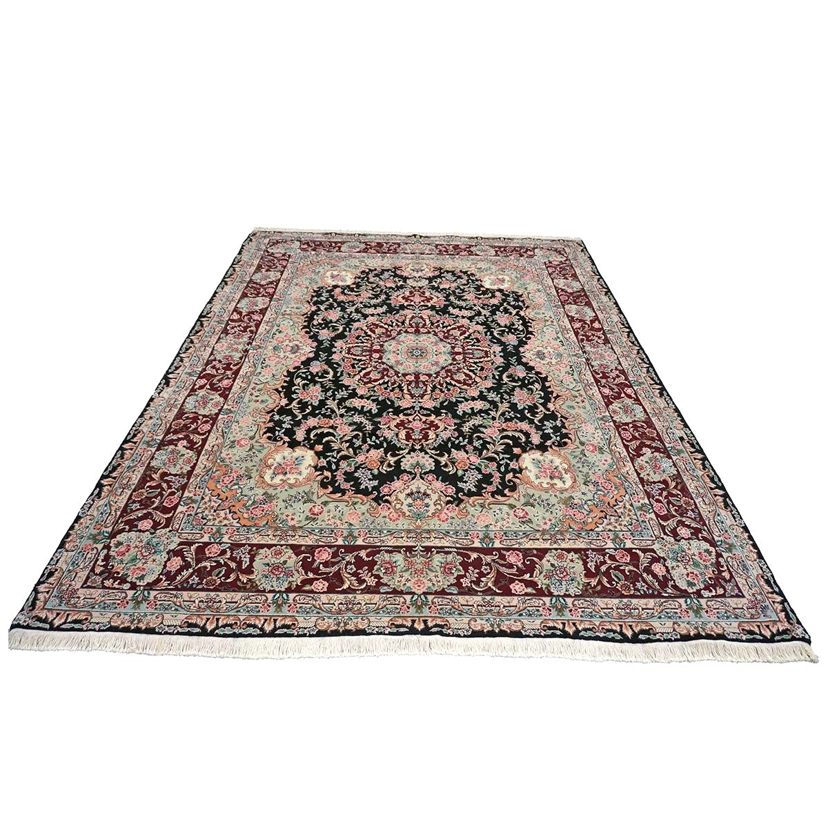 Sino-Persian Tabriz Wool & Silk 8x10 Red, Ivory & Black Handmade Area Rug #1144233