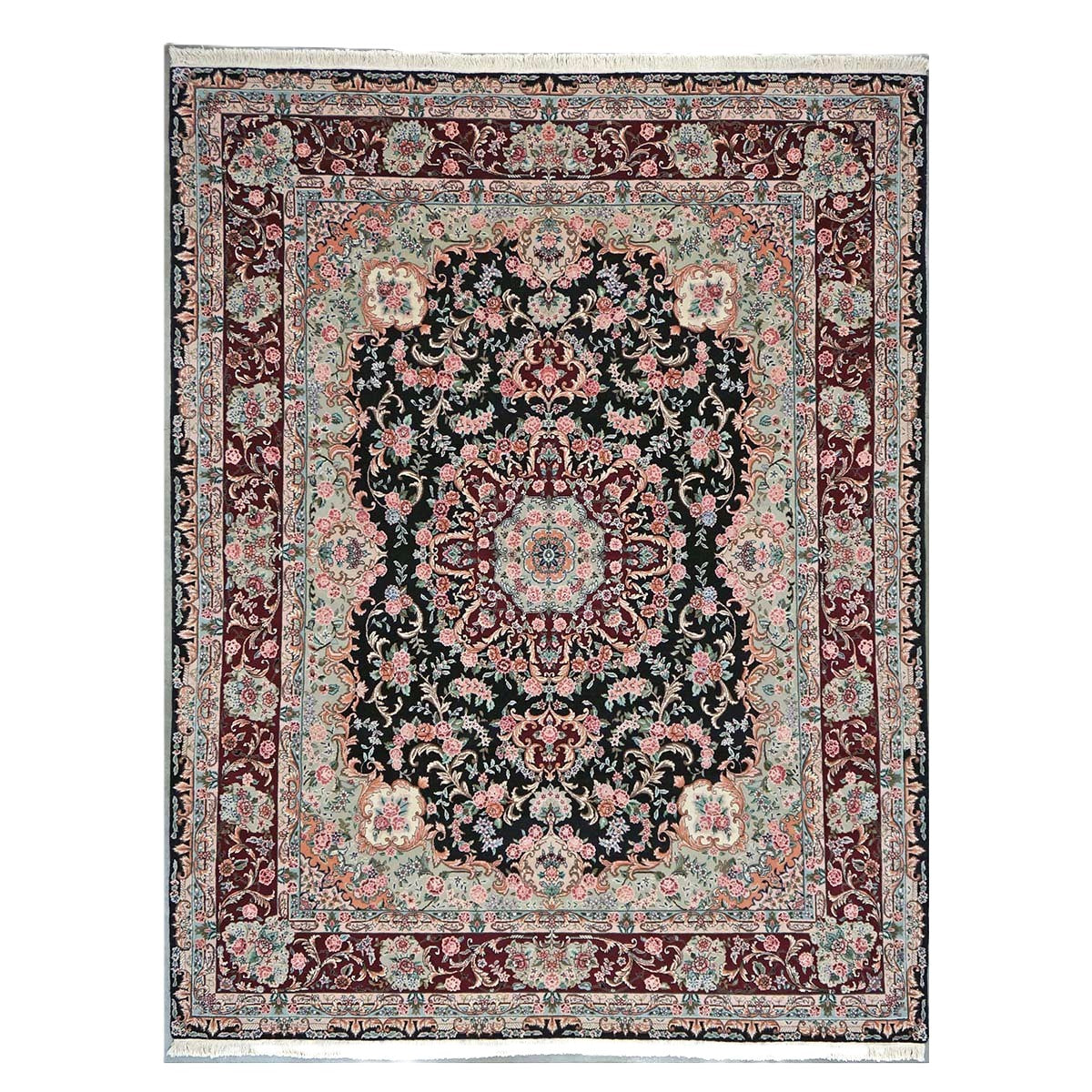 Sino-Persian Tabriz Wool & Silk 8x10 Red, Ivory & Black Handmade Area Rug #1144233