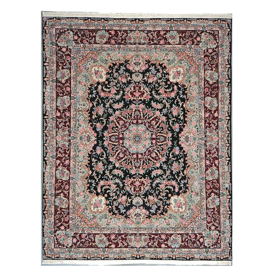Sino-Persian Tabriz Wool & Silk 8x10 Red, Ivory & Black Handmade Area Rug #1144233
