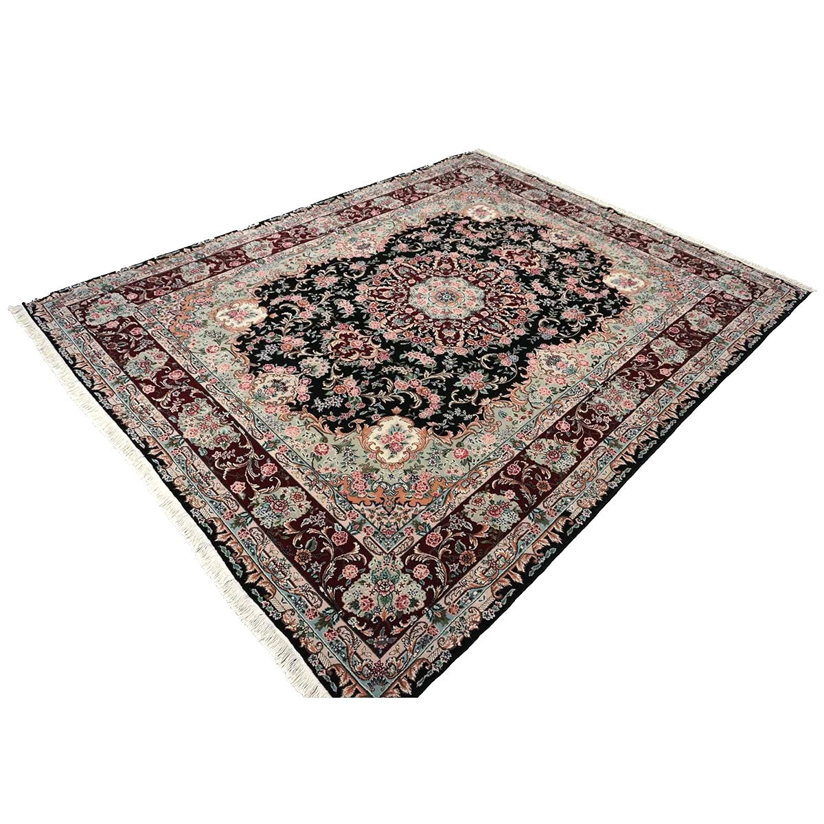 Sino-Persian Tabriz Wool & Silk 8x10 Red, Ivory & Black Handmade Area Rug #1144233
