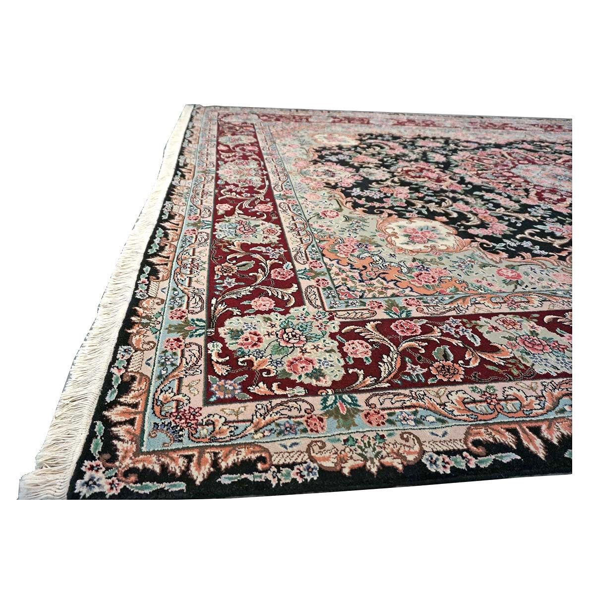 Sino-Persian Tabriz Wool & Silk 8x10 Red, Ivory & Black Handmade Area Rug #1144233