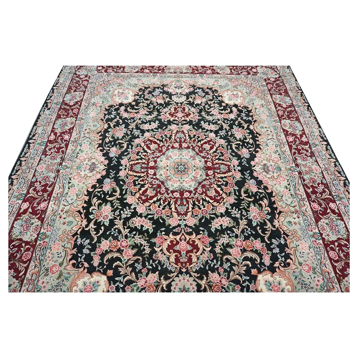 Sino-Persian Tabriz Wool & Silk 8x10 Red, Ivory & Black Handmade Area Rug #1144233