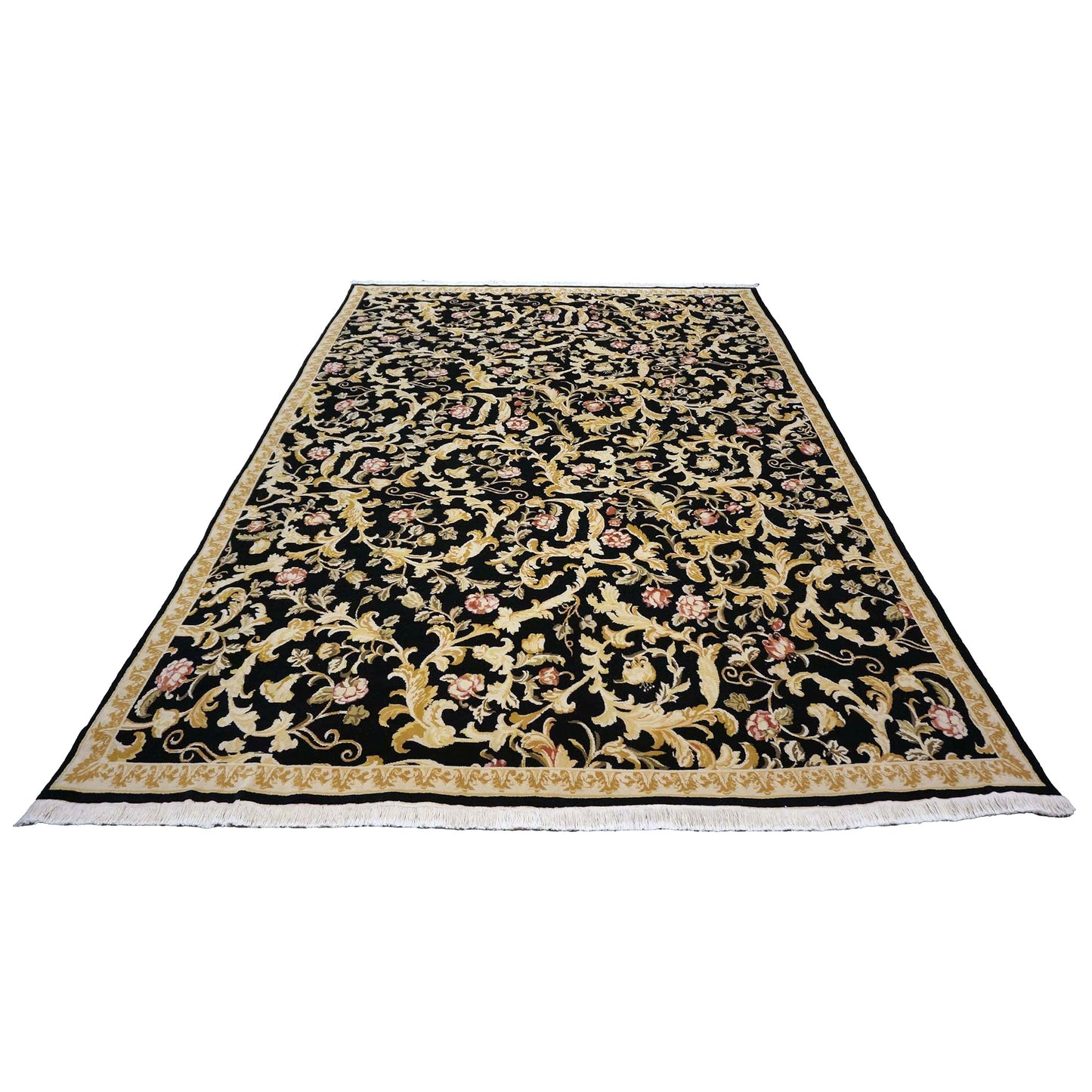Sino-Persian Savonneri Wool & Silk 9x12 Black & Ivory Handmade Area Rug #1144236