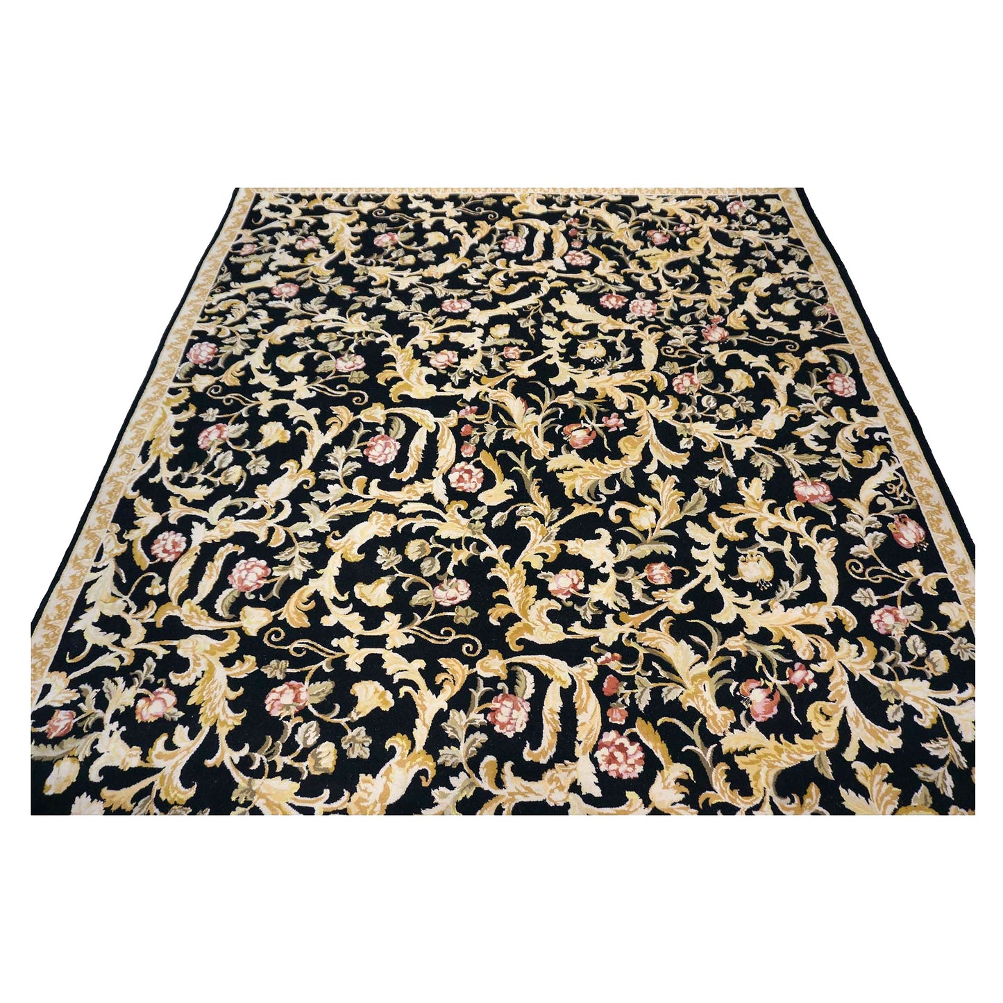 Sino-Persian Savonneri Wool & Silk 9x12 Black & Ivory Handmade Area Rug #1144236