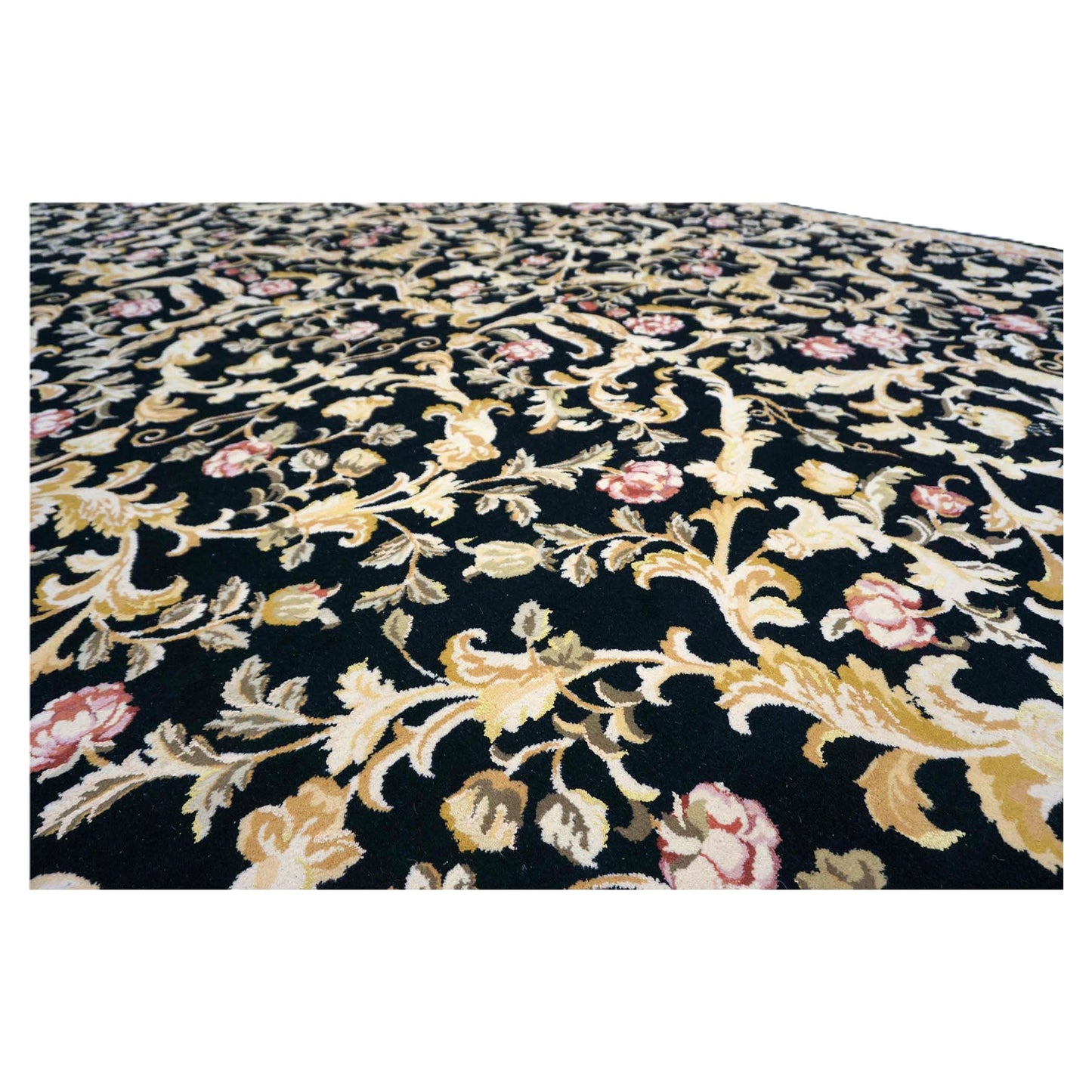 Sino-Persian Savonneri Wool & Silk 9x12 Black & Ivory Handmade Area Rug #1144236