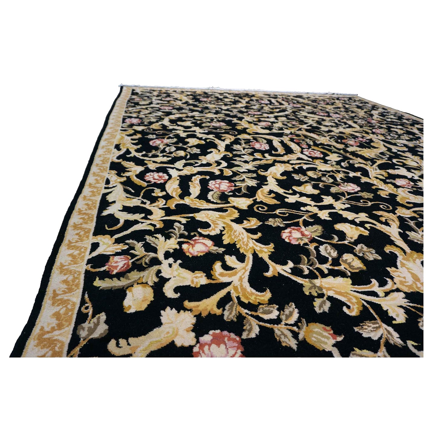 Sino-Persian Savonneri Wool & Silk 9x12 Black & Ivory Handmade Area Rug #1144236
