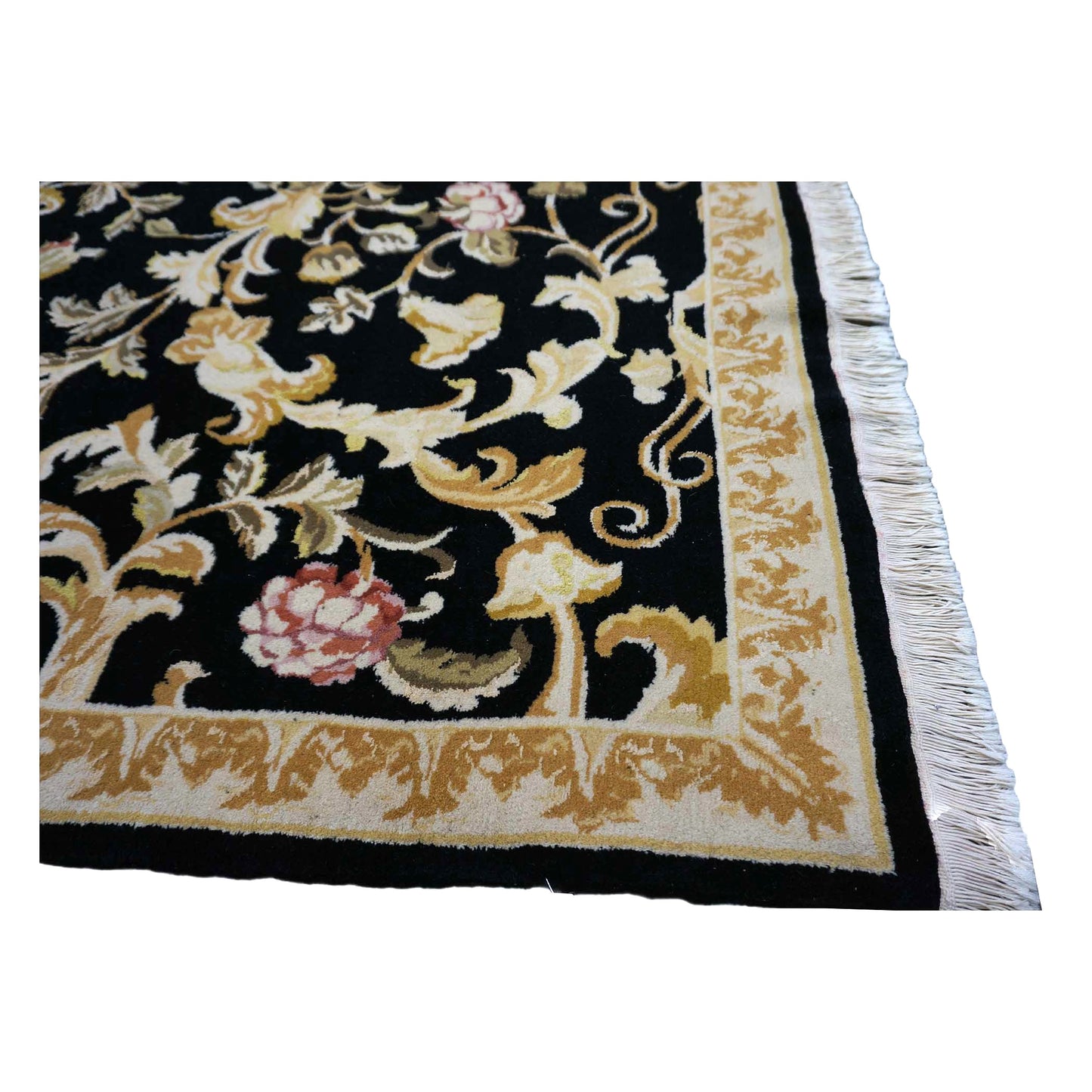 Sino-Persian Savonneri Wool & Silk 9x12 Black & Ivory Handmade Area Rug #1144236