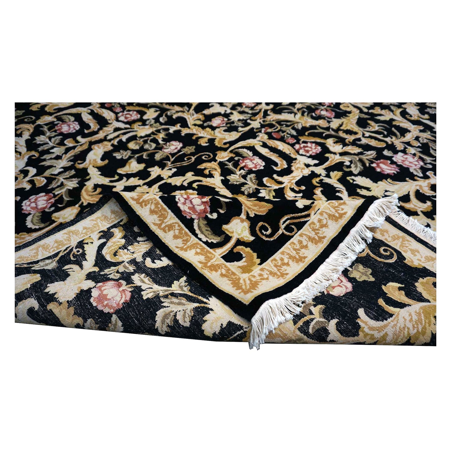 Sino-Persian Savonneri Wool & Silk 9x12 Black & Ivory Handmade Area Rug #1144236