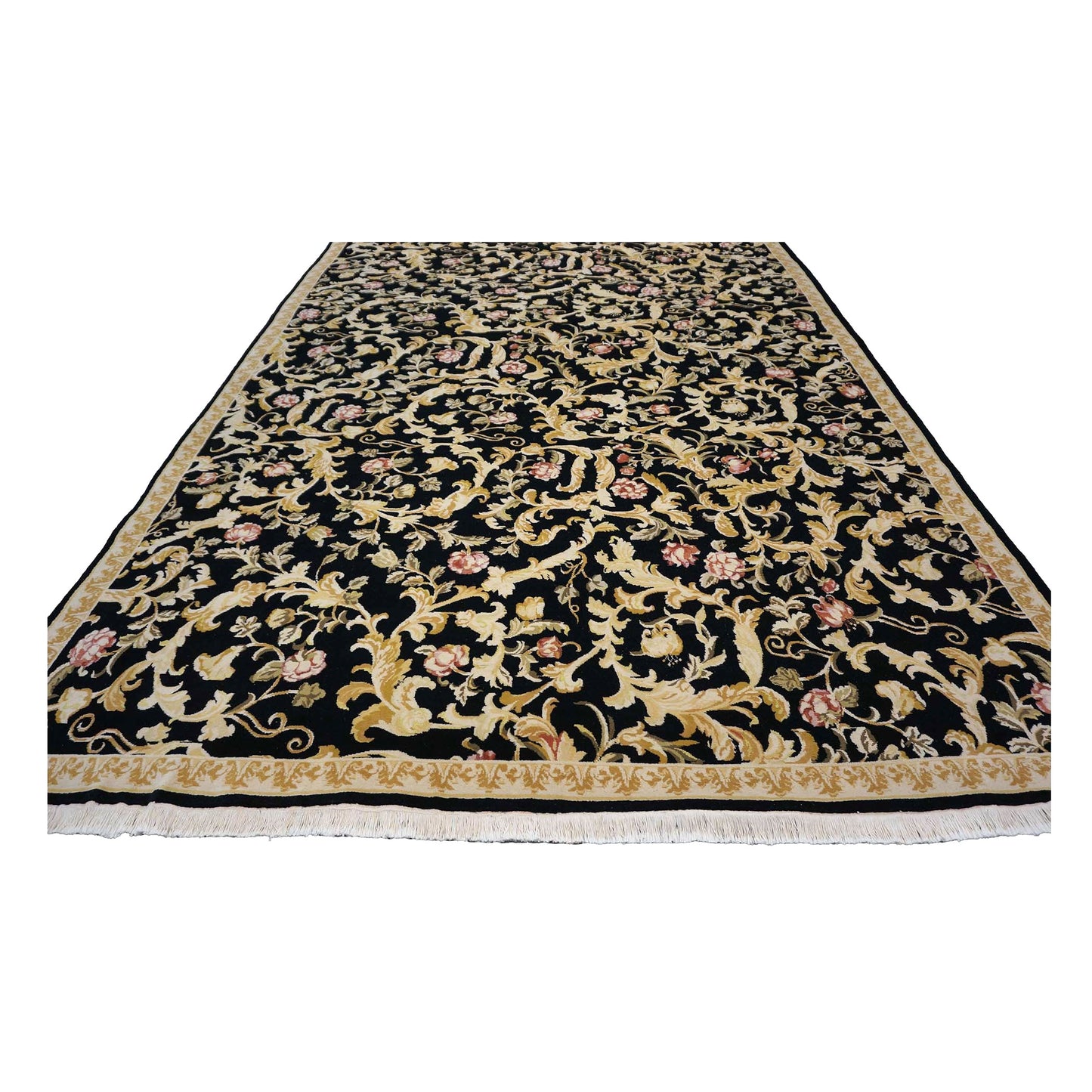 Sino-Persian Savonneri Wool & Silk 9x12 Black & Ivory Handmade Area Rug #1144236