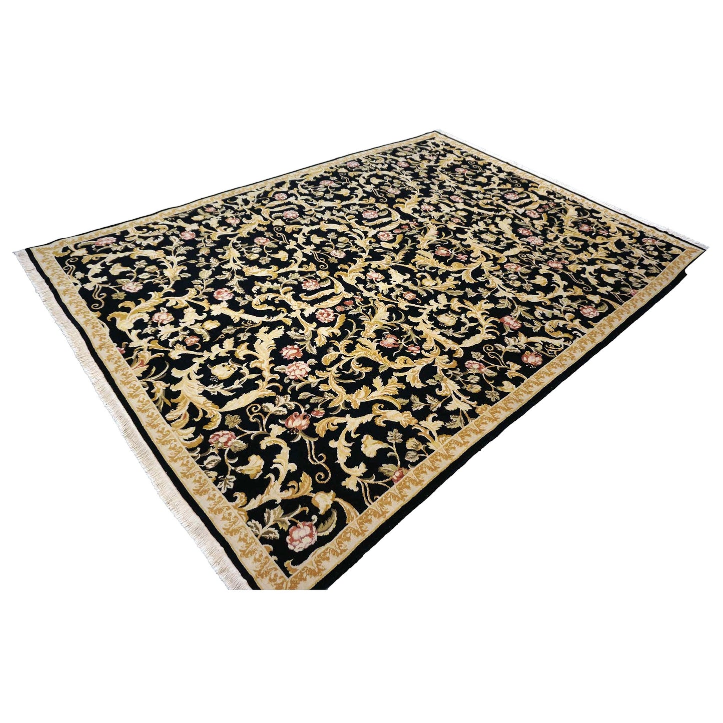 Sino-Persian Savonneri Wool & Silk 9x12 Black & Ivory Handmade Area Rug #1144236