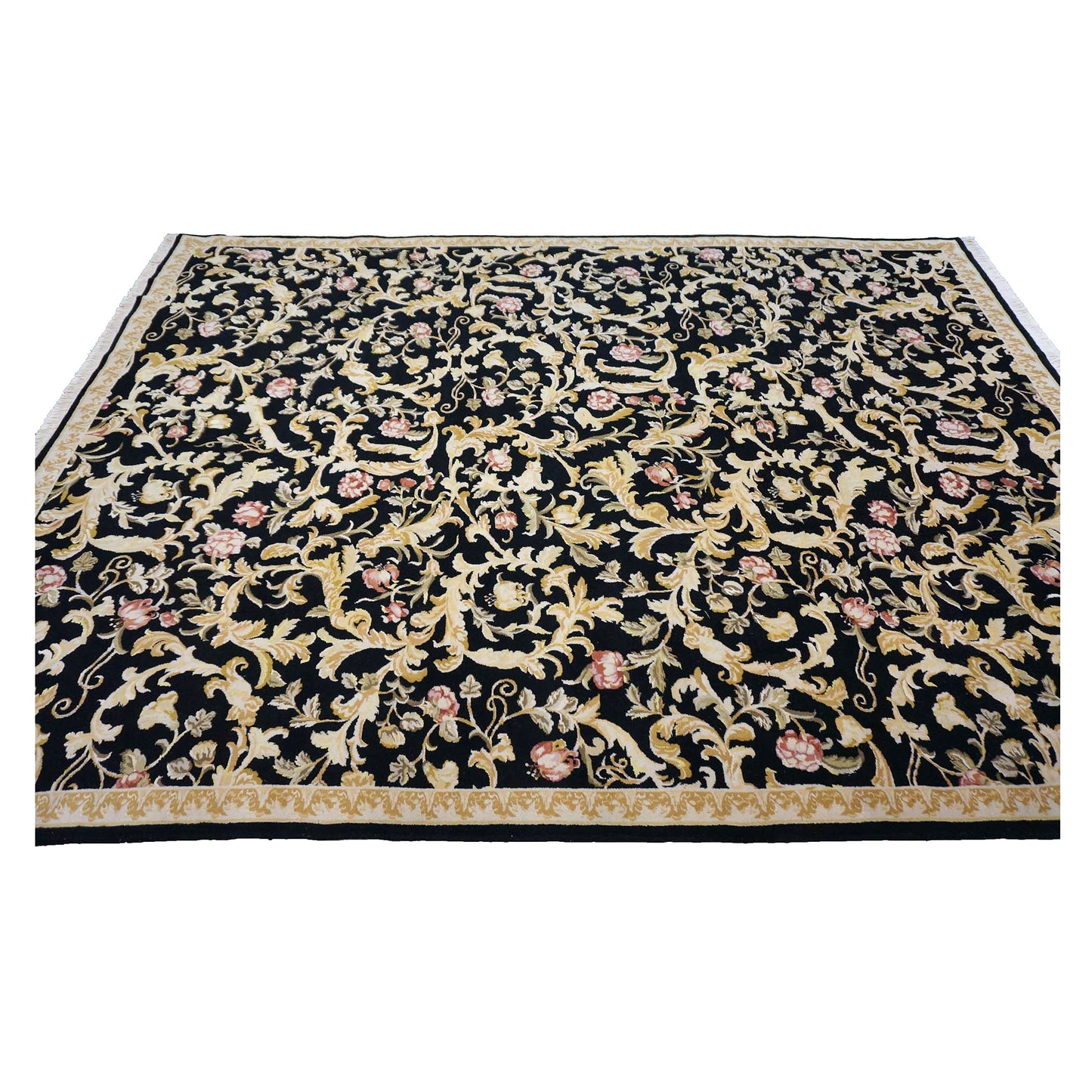 Sino-Persian Savonneri Wool & Silk 9x12 Black & Ivory Handmade Area Rug #1144236