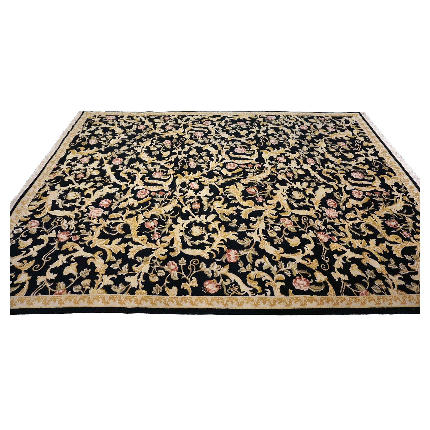 Sino-Persian Savonneri Wool & Silk 9x12 Black & Ivory Handmade Area Rug #1144236