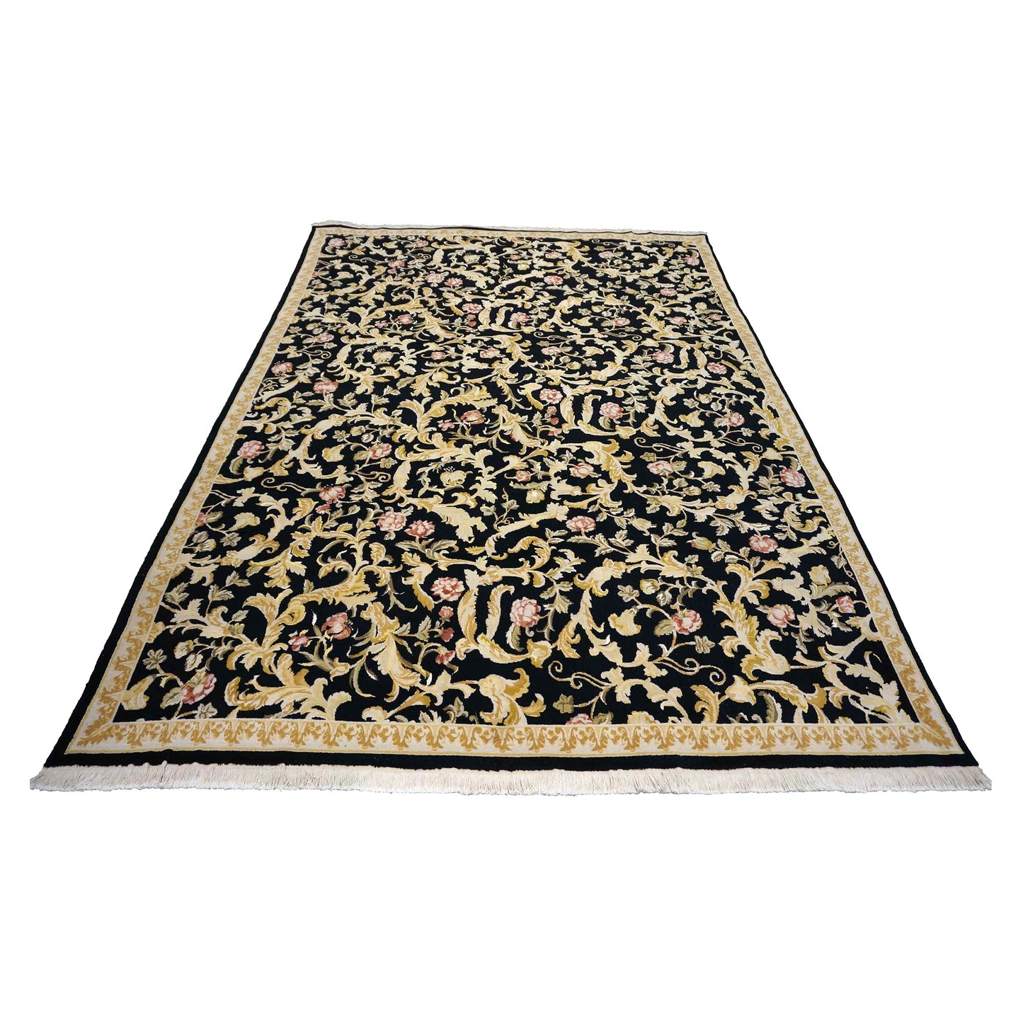 Sino-Persian Savonneri Wool & Silk 9x12 Black & Ivory Handmade Area Rug #1144236