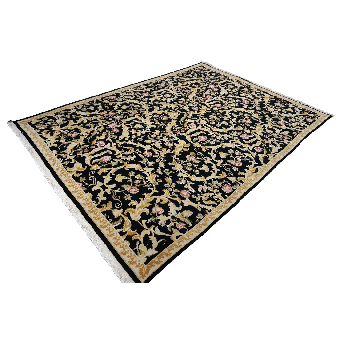 Sino-Persian Savonneri Wool & Silk 9x12 Black & Ivory Handmade Area Rug #1144236