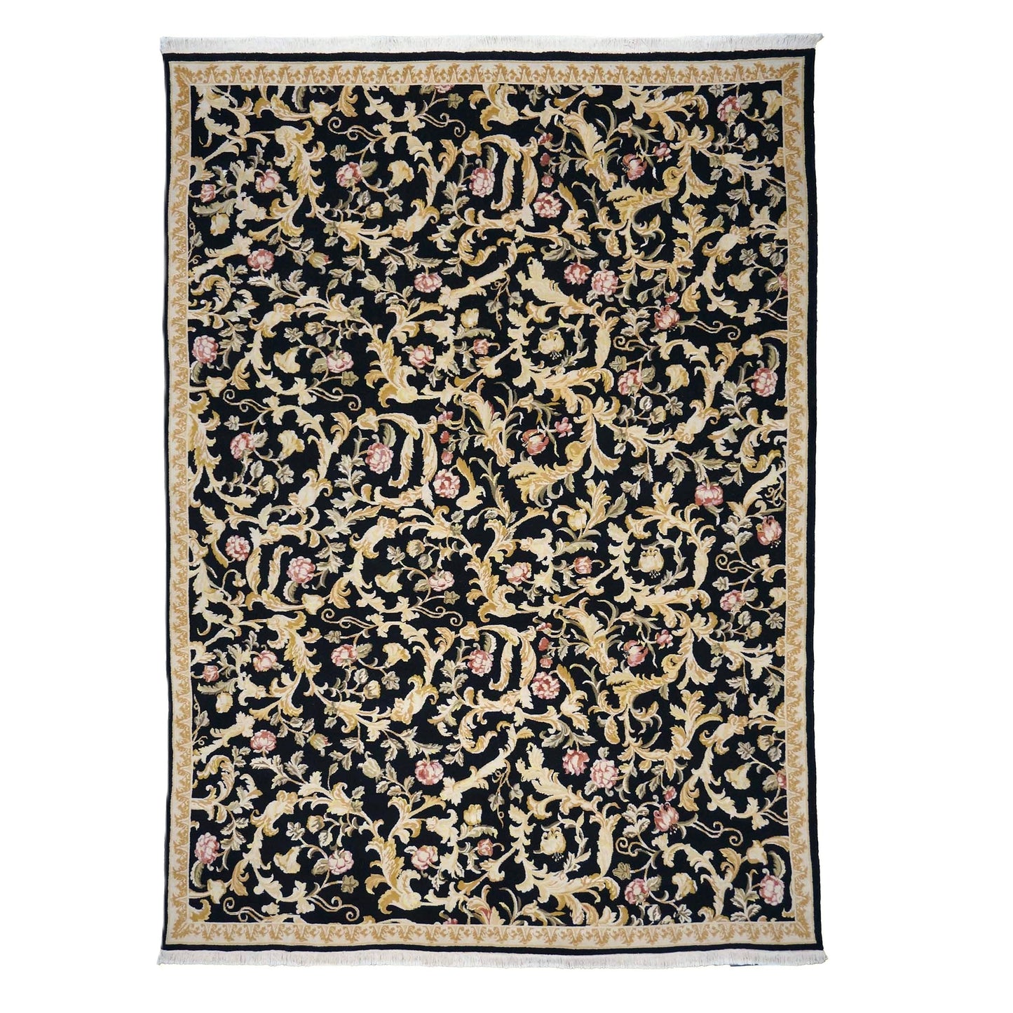 Sino-Persian Savonneri Wool & Silk 9x12 Black & Ivory Handmade Area Rug #1144236