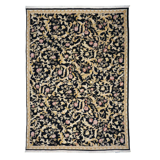 Sino-Persian Savonneri Wool & Silk 9x12 Black & Ivory Handmade Area Rug #1144236