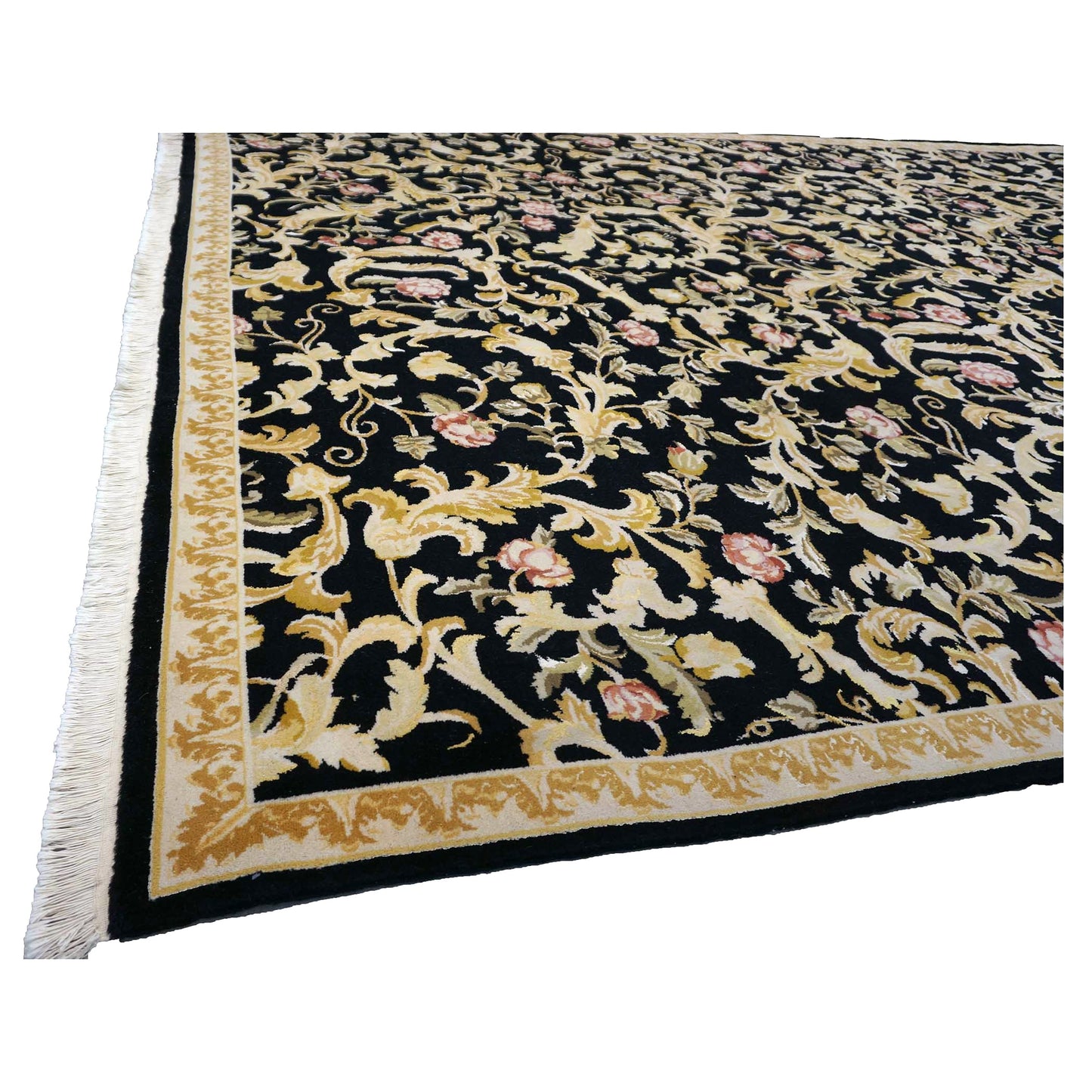Sino-Persian Savonneri Wool & Silk 9x12 Black & Ivory Handmade Area Rug #1144236