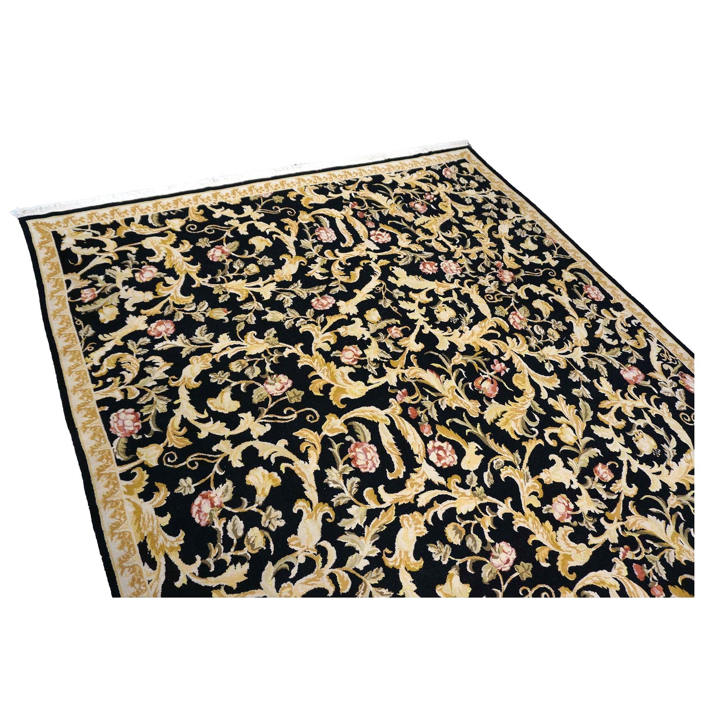 Sino-Persian Savonneri Wool & Silk 9x12 Black & Ivory Handmade Area Rug #1144236