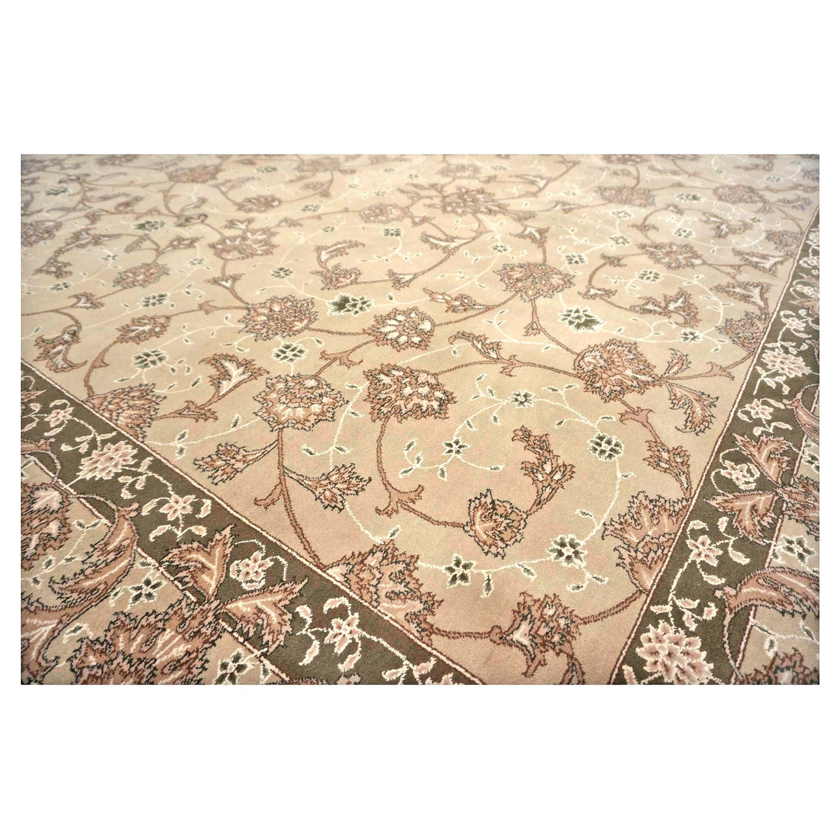 Sino-Persian Tabriz Wool & Silk 9x12 Taupe & Olive Handmade Area Rug #1144237