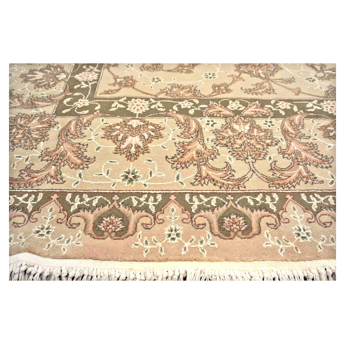 Sino-Persian Tabriz Wool & Silk 9x12 Taupe & Olive Handmade Area Rug #1144237