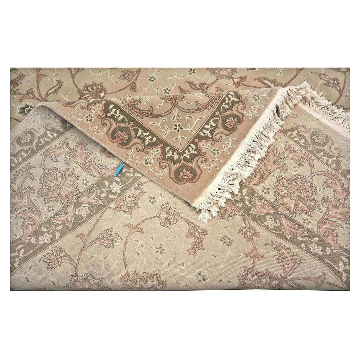 Sino-Persian Tabriz Wool & Silk 9x12 Taupe & Olive Handmade Area Rug #1144237