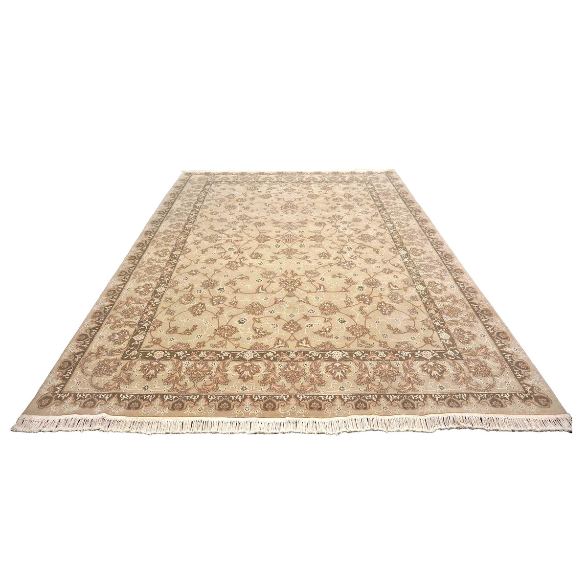 Sino-Persian Tabriz Wool & Silk 9x12 Taupe & Olive Handmade Area Rug #1144237