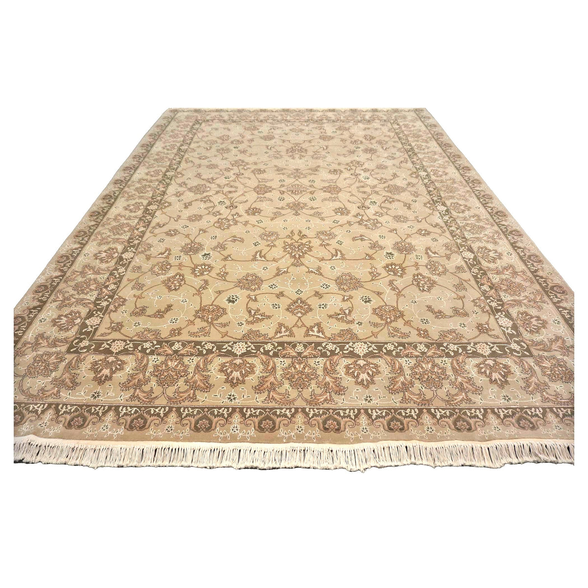 Sino-Persian Tabriz Wool & Silk 9x12 Taupe & Olive Handmade Area Rug #1144237