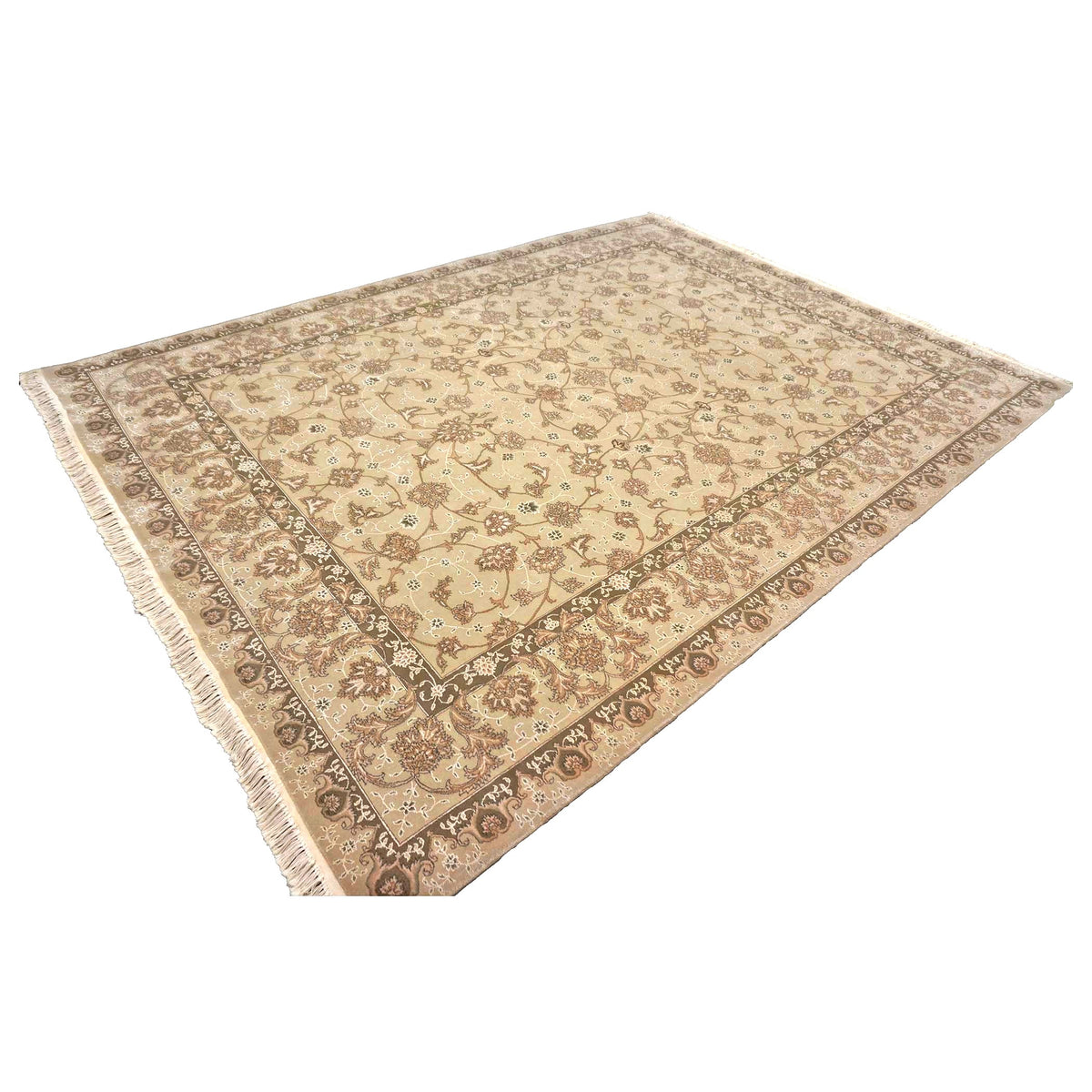 Sino-Persian Tabriz Wool & Silk 9x12 Taupe & Olive Handmade Area Rug #1144237