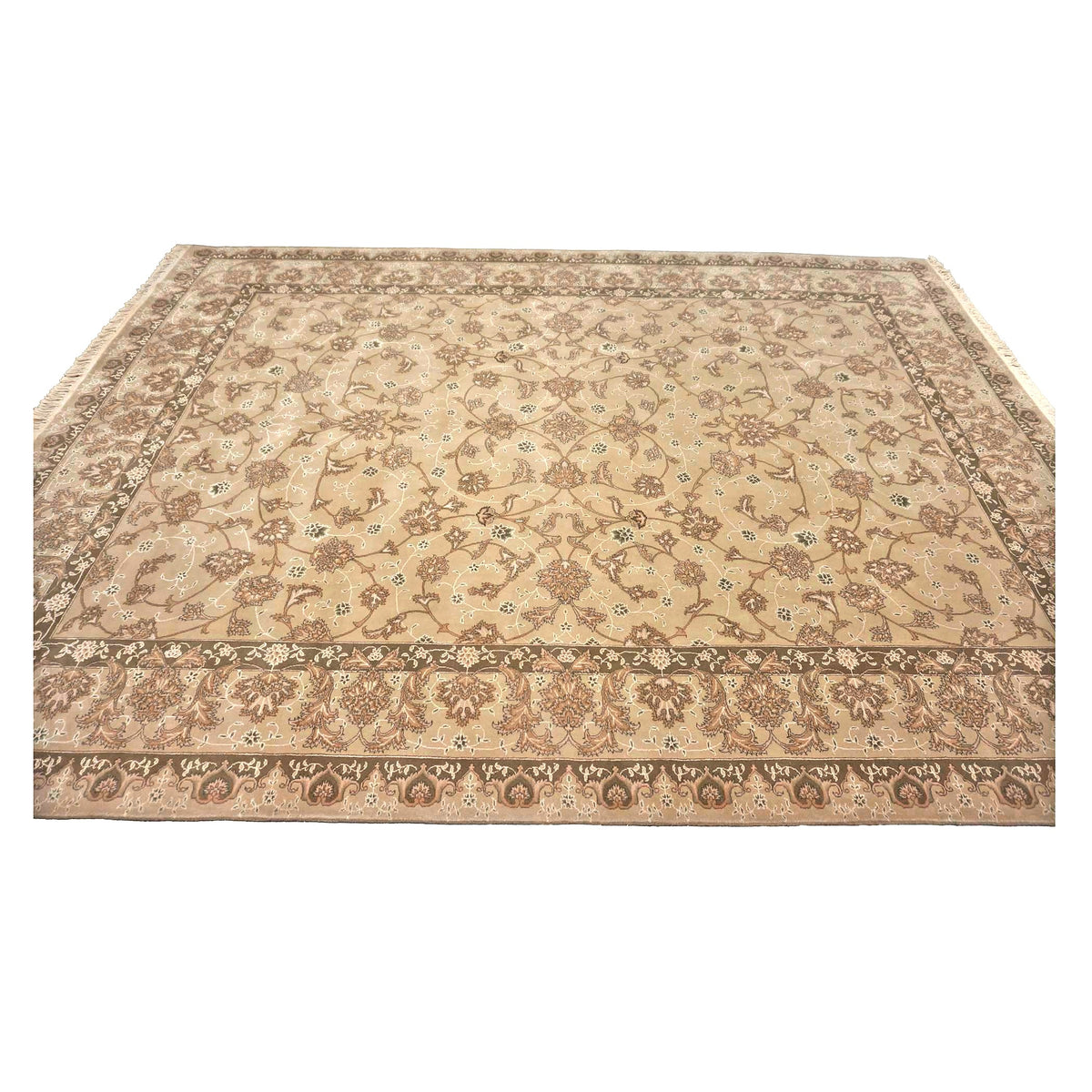 Sino-Persian Tabriz Wool & Silk 9x12 Taupe & Olive Handmade Area Rug #1144237