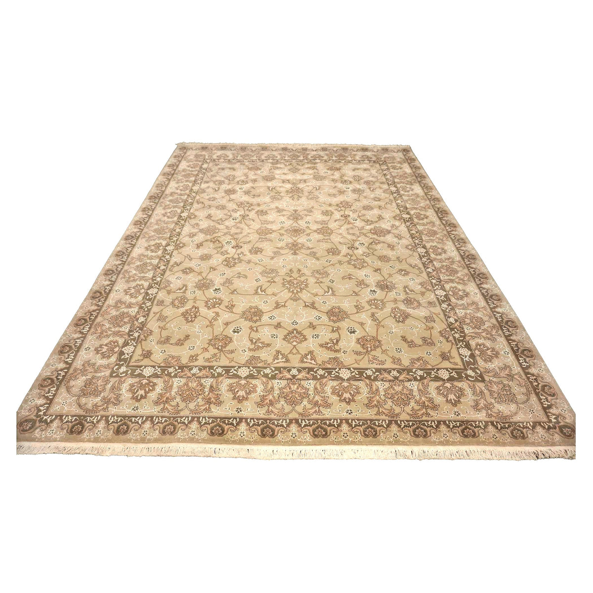 Sino-Persian Tabriz Wool & Silk 9x12 Taupe & Olive Handmade Area Rug #1144237