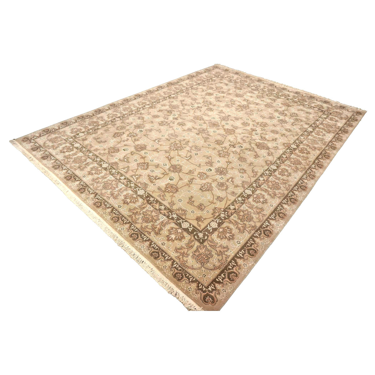 Sino-Persian Tabriz Wool & Silk 9x12 Taupe & Olive Handmade Area Rug #1144237