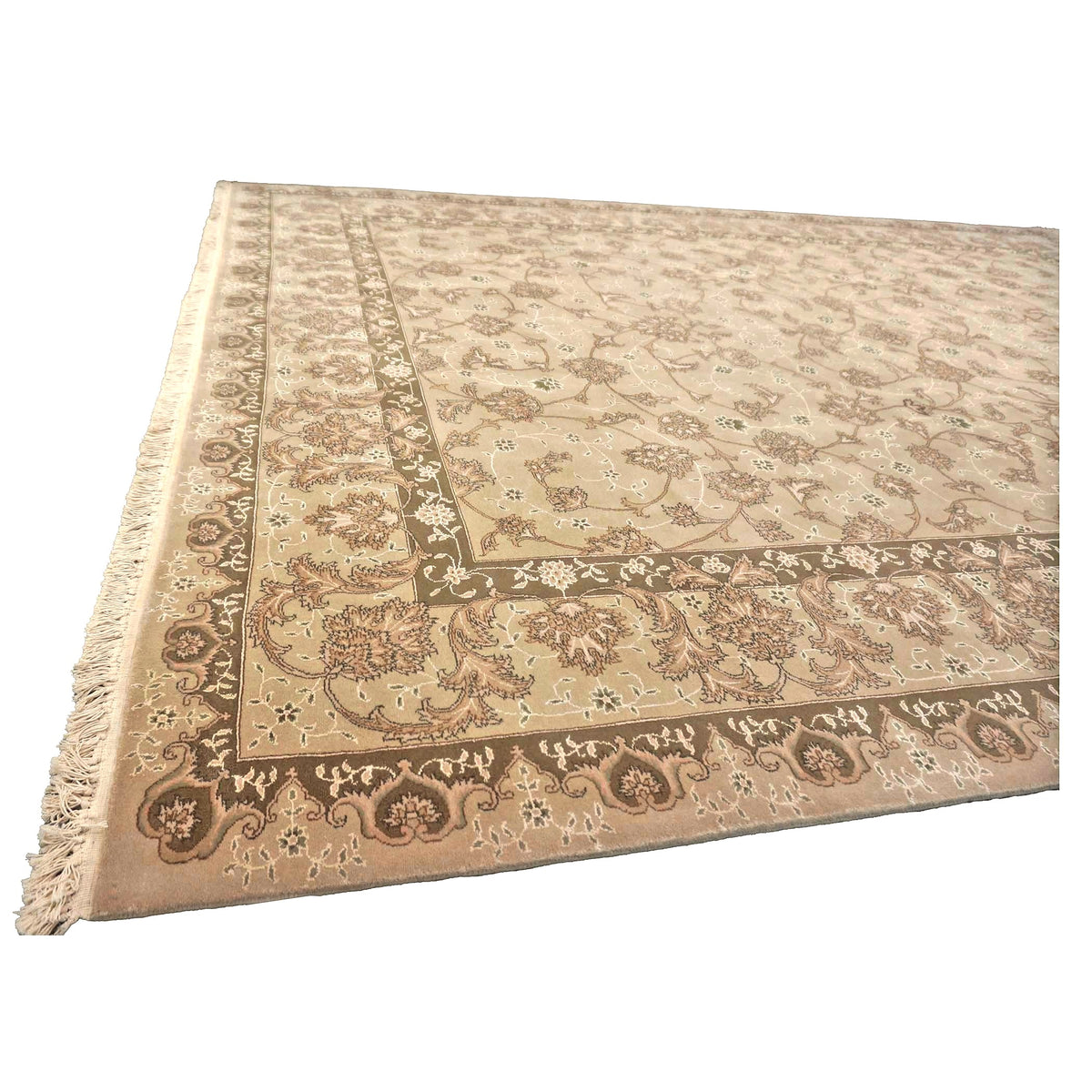 Sino-Persian Tabriz Wool & Silk 9x12 Taupe & Olive Handmade Area Rug #1144237