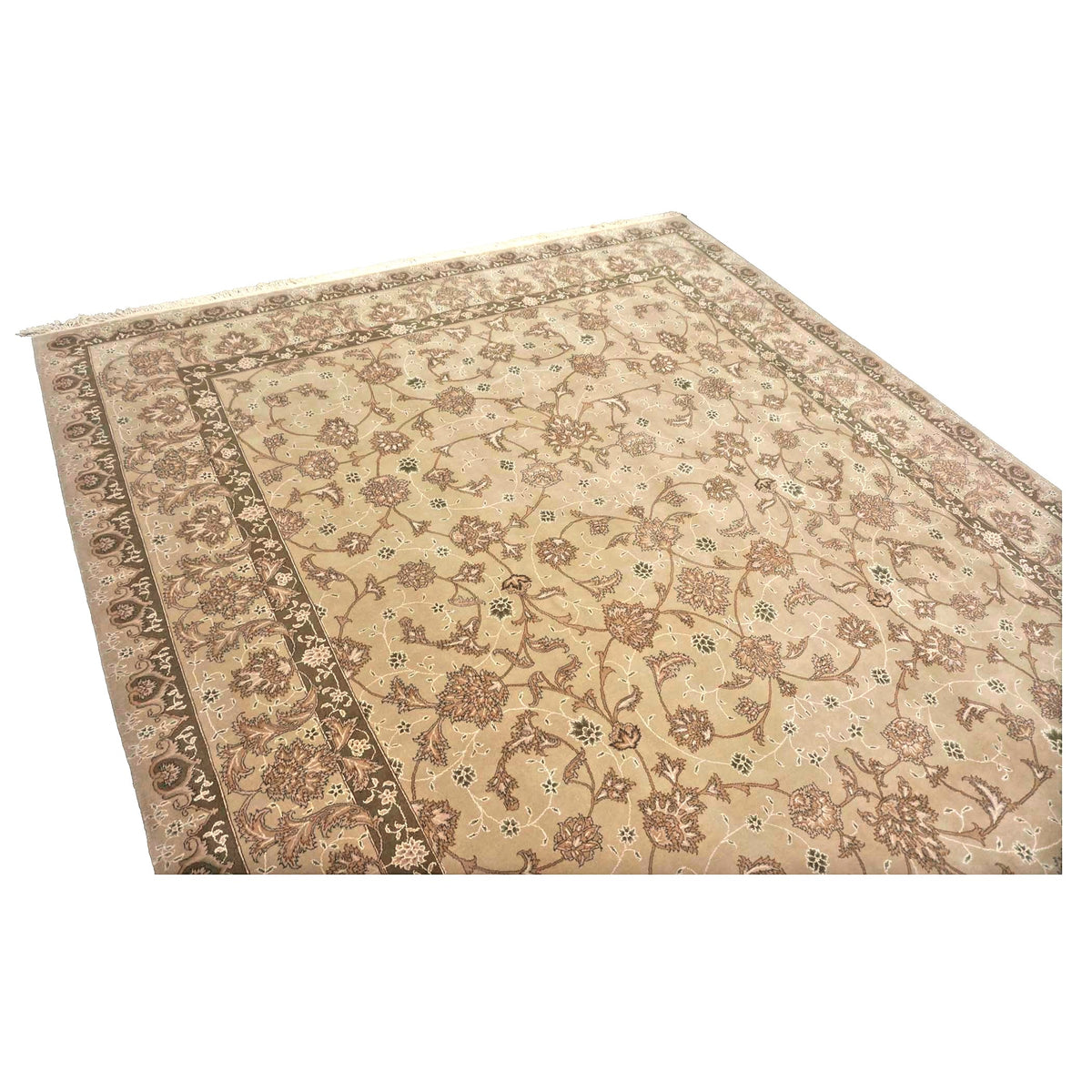 Sino-Persian Tabriz Wool & Silk 9x12 Taupe & Olive Handmade Area Rug #1144237