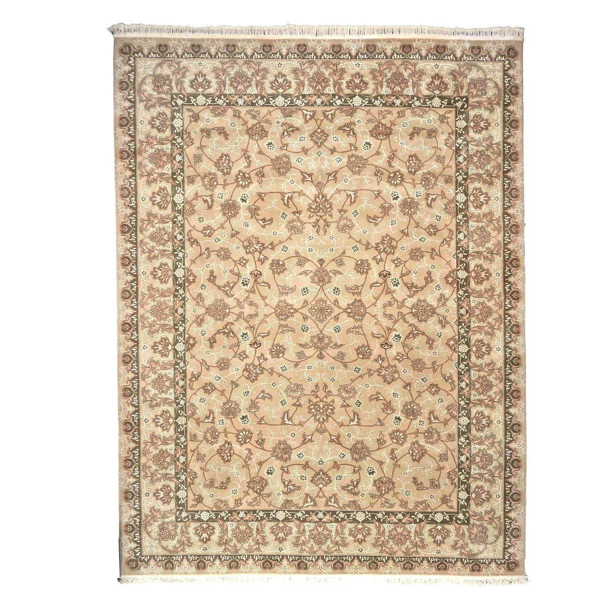 Sino-Persian Tabriz Wool & Silk 9x12 Taupe & Olive Handmade Area Rug #1144237
