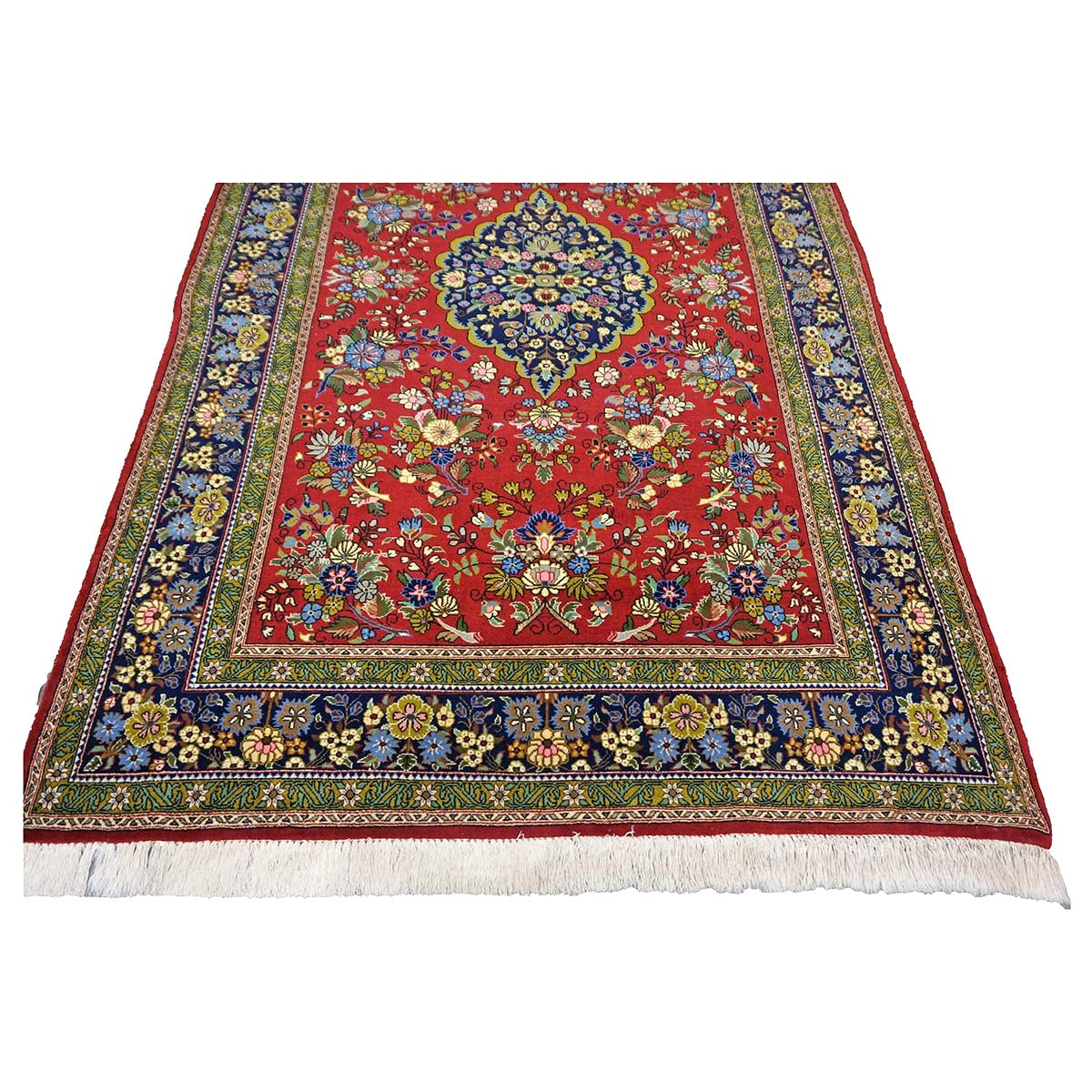 Vintage Persian Qum Wool 5x8 Red & Navy Handmade Area Rug #1144244