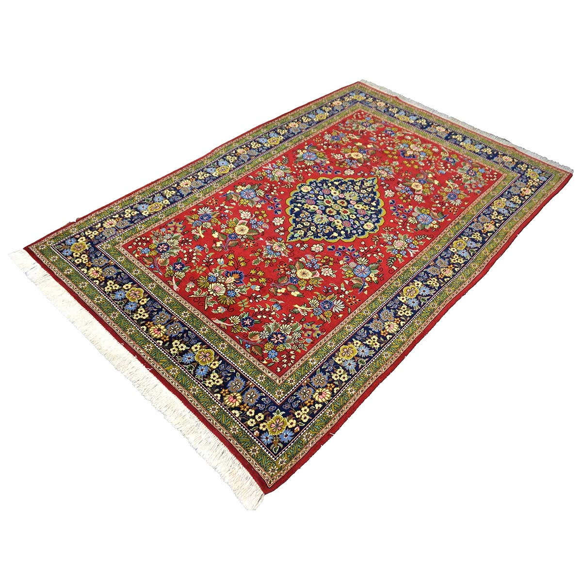 Vintage Persian Qum Wool 5x8 Red & Navy Handmade Area Rug #1144244