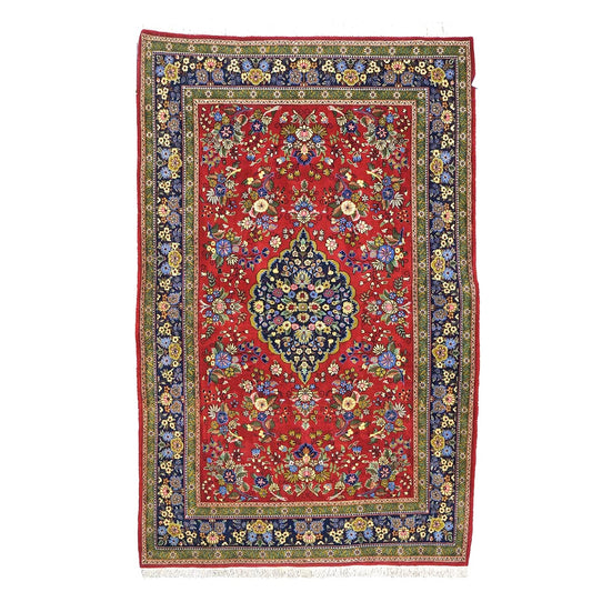 Vintage Persian Qum Wool 5x8 Red & Navy Handmade Area Rug #1144244