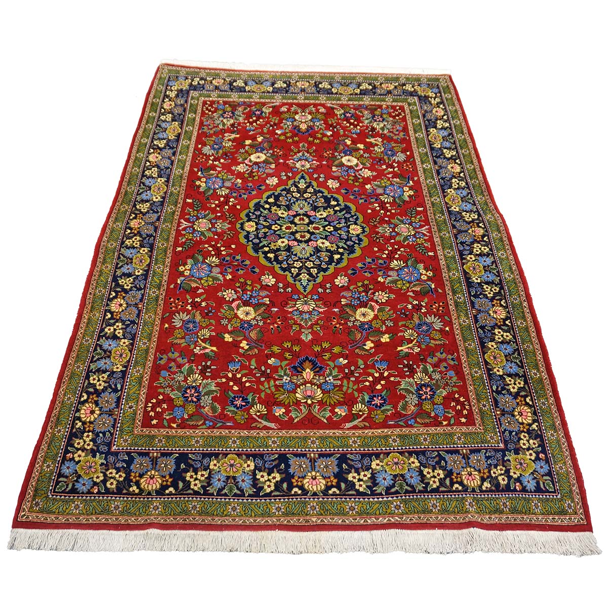 Vintage Persian Qum Wool 5x8 Red & Navy Handmade Area Rug #1144244