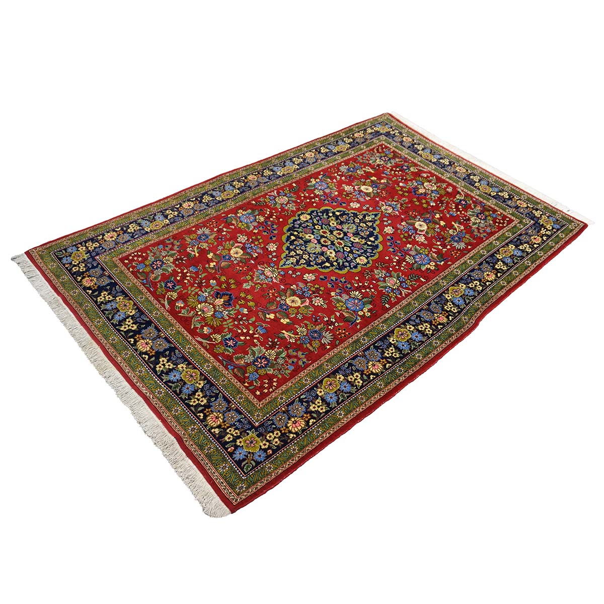Vintage Persian Qum Wool 5x8 Red & Navy Handmade Area Rug #1144244